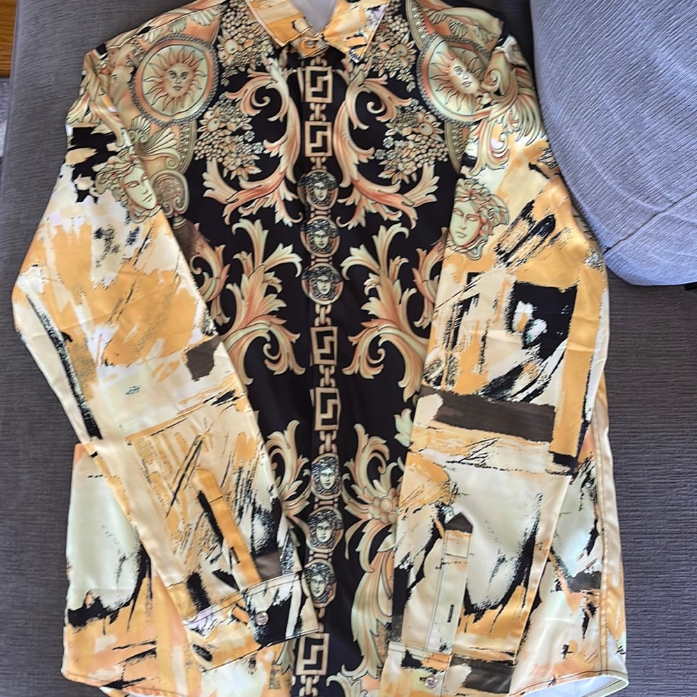 Mens Baroque Print Long Sleeve Dress Shirt Size XXL